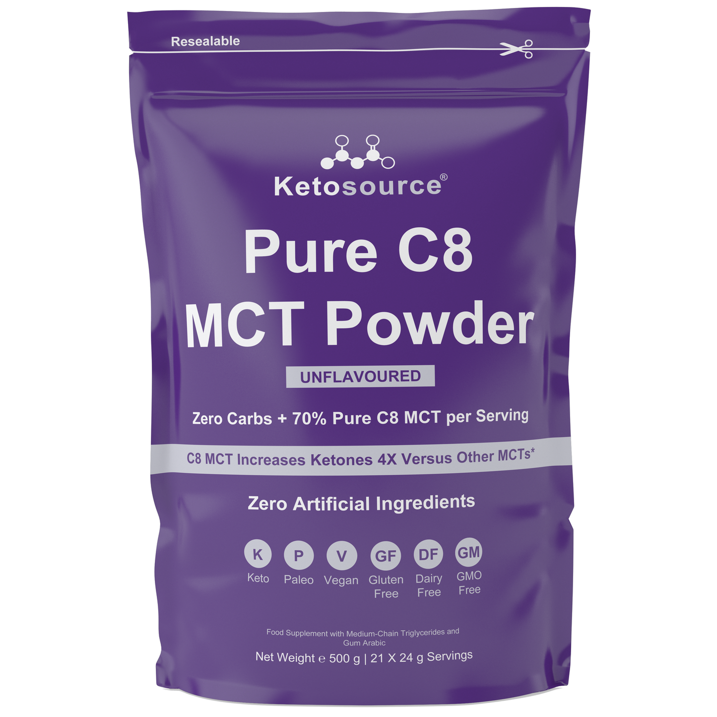 Caja de 10 x Ketosource Pure C8 MCT en polvo (500 g sin sabor)